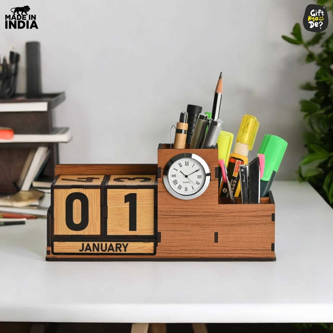 Gift Kya De Wooden Desk Organizer with Lifetime Calendar and Clock | High-Quality Workspace Essential | Eco-Friendly