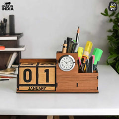 Gift Kya De Wooden Desk Organizer with Lifetime Calendar and Clock | High-Quality Workspace Essential | Eco-Friendly