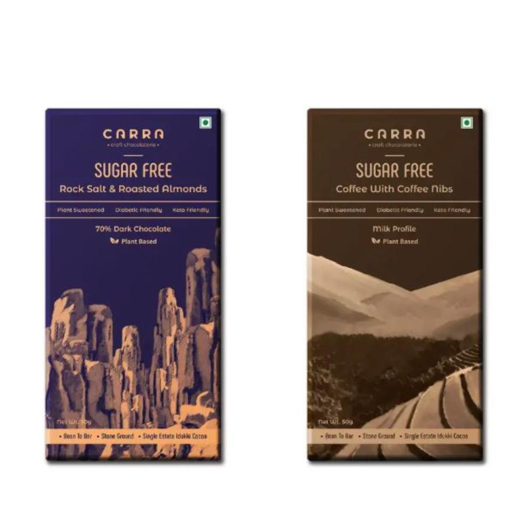 CARRA Sugar Free Chocolate Bars - Rock Salt & Roasted Almonds and Coffee with Coffee Nibs (Pack of 2)