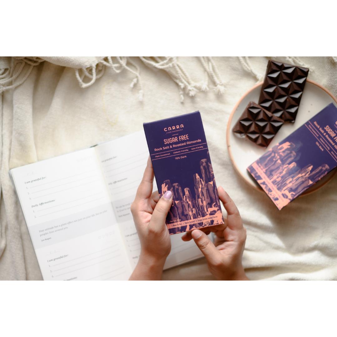 CARRA Sugar Free Chocolate Bars - Rock Salt & Roasted Almonds in 70% Dark Chocolate (Pack of 3 )