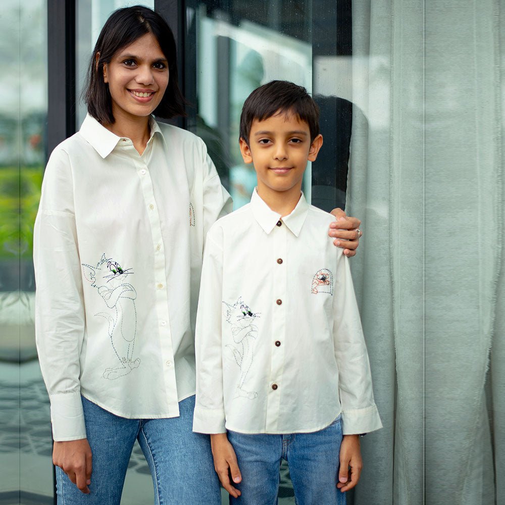 Cat and Mouse Cartoon Embroidered Women Shirt - White - Suspire