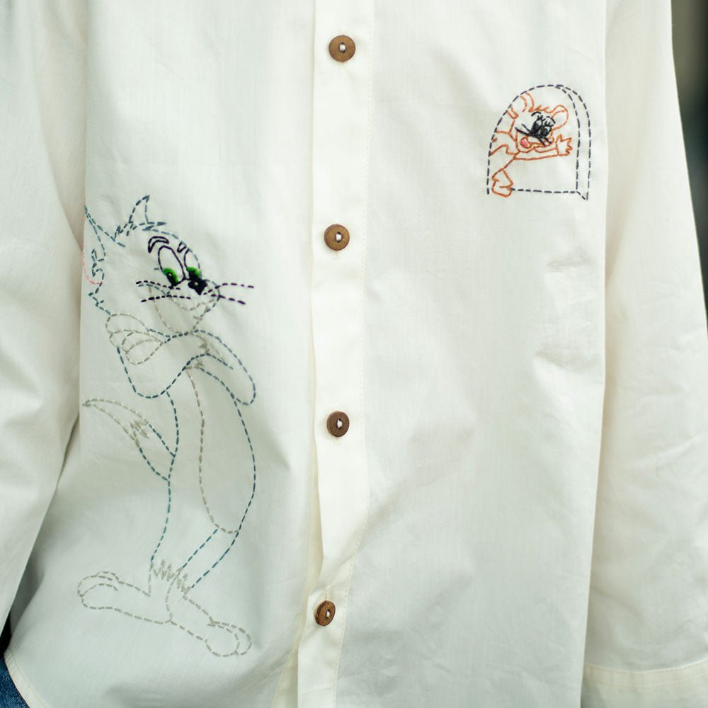 Cat and Mouse Cartoon Embroidered Women Shirt - White - Suspire