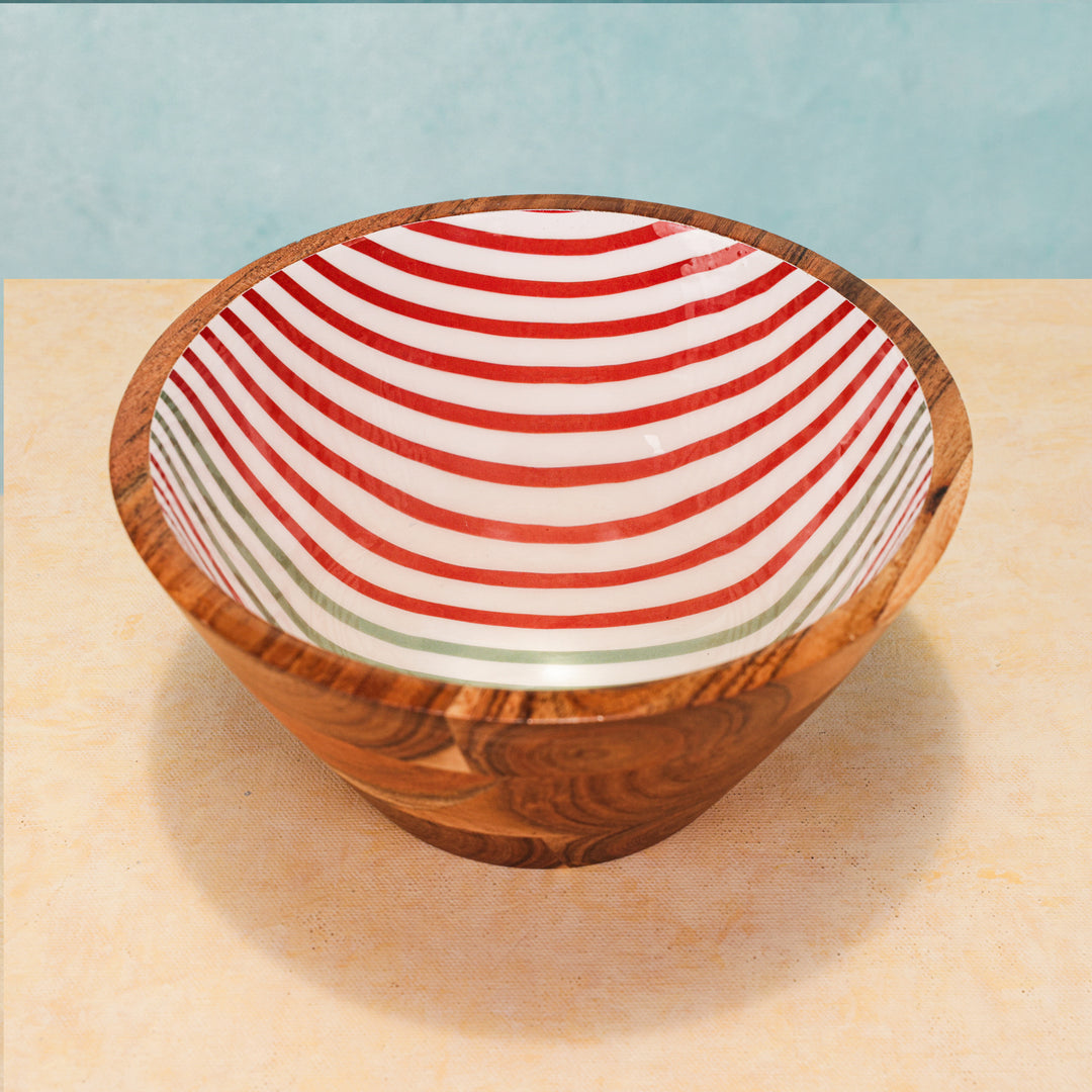 Ireka Homes Handcrafted Ripple Serving Bowls - Multipurpose Acacia Wood Bowls With Enamel - Durable Bowls for Serving Food, Snacks, and Desserts (8 inches)
