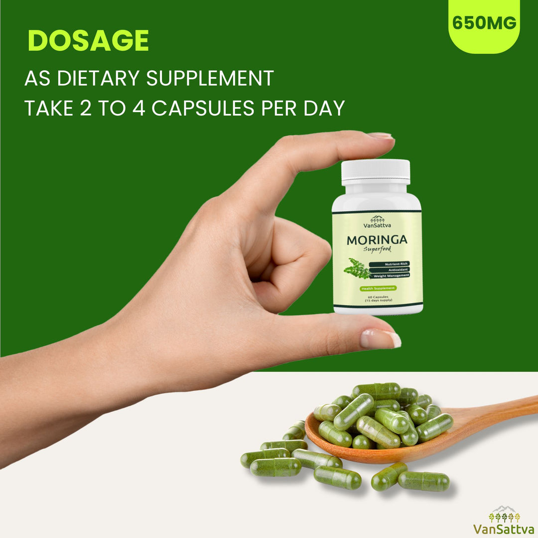 Vansattva Moringa Capsules 650mg – 100% Natural Immunity & Energy Support – Veg Capsules – 60 Count – Made in India