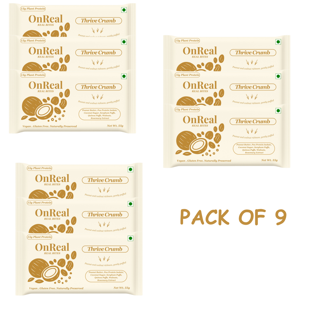 OnReal Foods Thrive Crumb Plant-Based Protein Bars | 15g Protein | No Refined Sugar | High Fiber | Peanut Butter & Walnut | Made with Jowar & Quinoa | Vegan & Gluten-Free