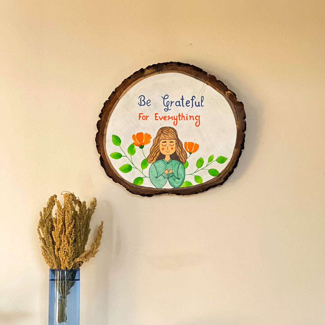 Scrapshala Grateful wooden log plate | live edge wood | hand-painted | stain-proof | upcycled