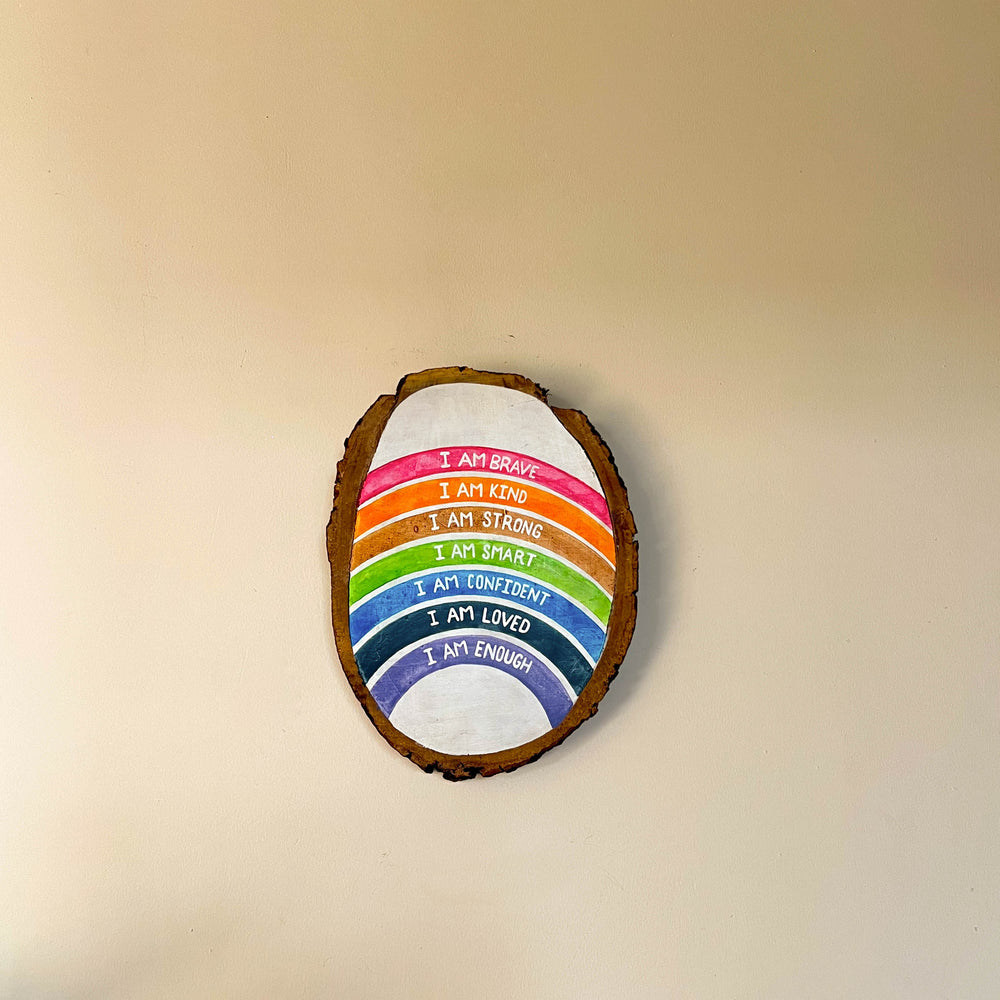 Scrapshala Affirmations wooden log plate | live edge wood | hand-painted | stain-proof | upcycled