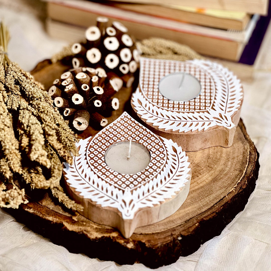 Scrapshala Kali tea light holder | set of 2 candle holder | natural wood | handcrafted | reusable | made in India