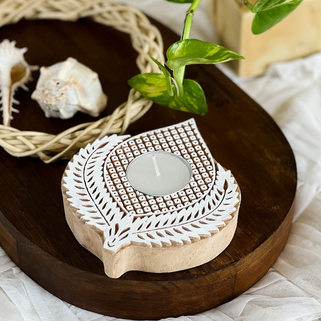 Scrapshala Kali tea light holder | set of 2 candle holder | natural wood | handcrafted | reusable | made in India