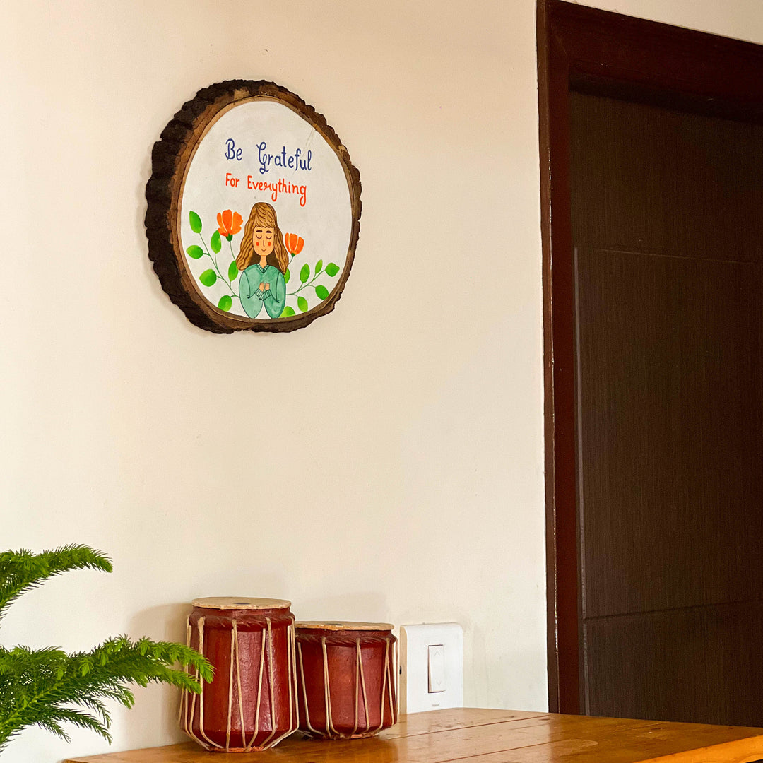 Scrapshala Grateful wooden log plate | live edge wood | hand-painted | stain-proof | upcycled