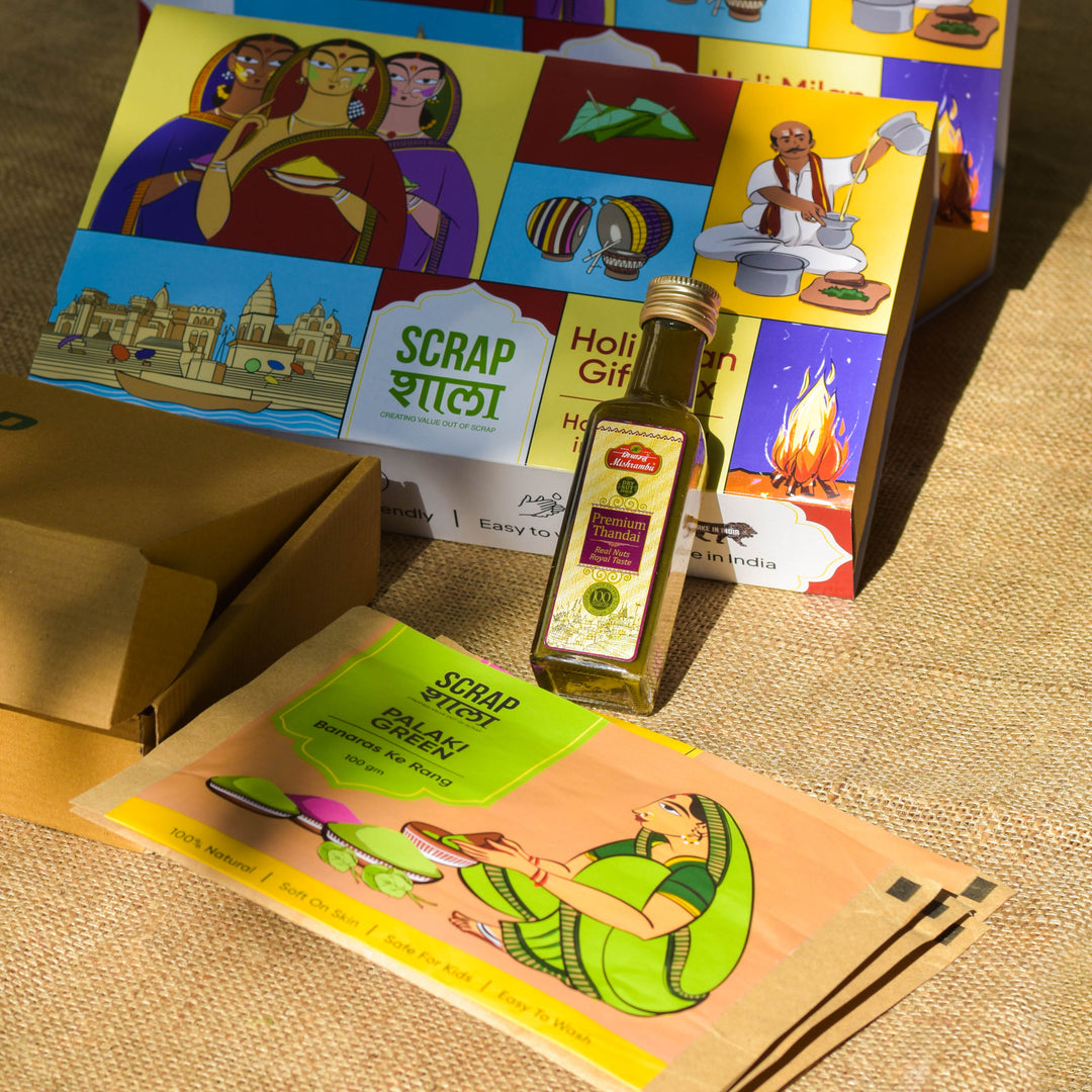 Scrapshala Holi Milan Gift Box | Four Packs of Natural Gulaal | Thandai Mix | Safe for Kids | Handmade in Banaras