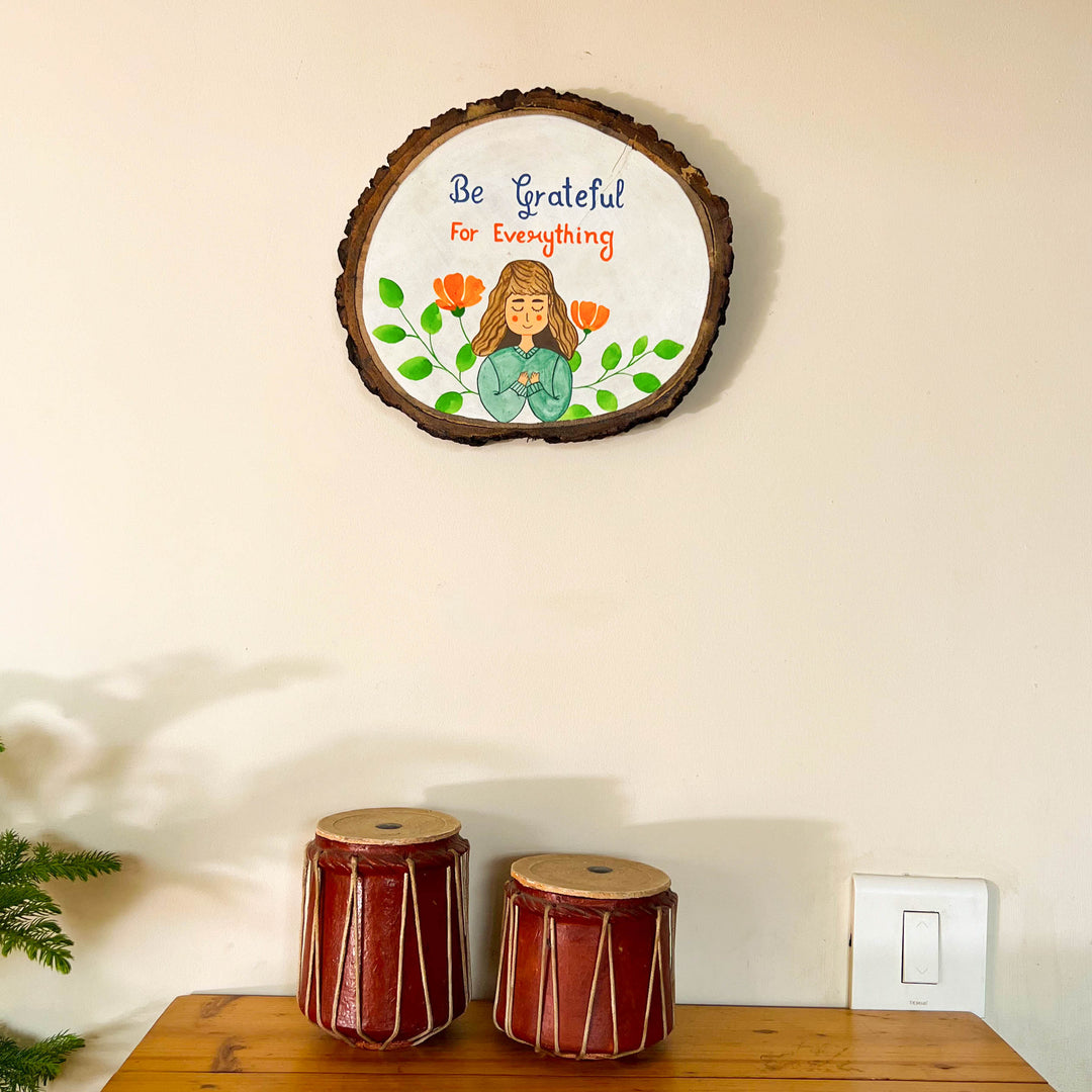 Scrapshala Grateful wooden log plate | live edge wood | hand-painted | stain-proof | upcycled