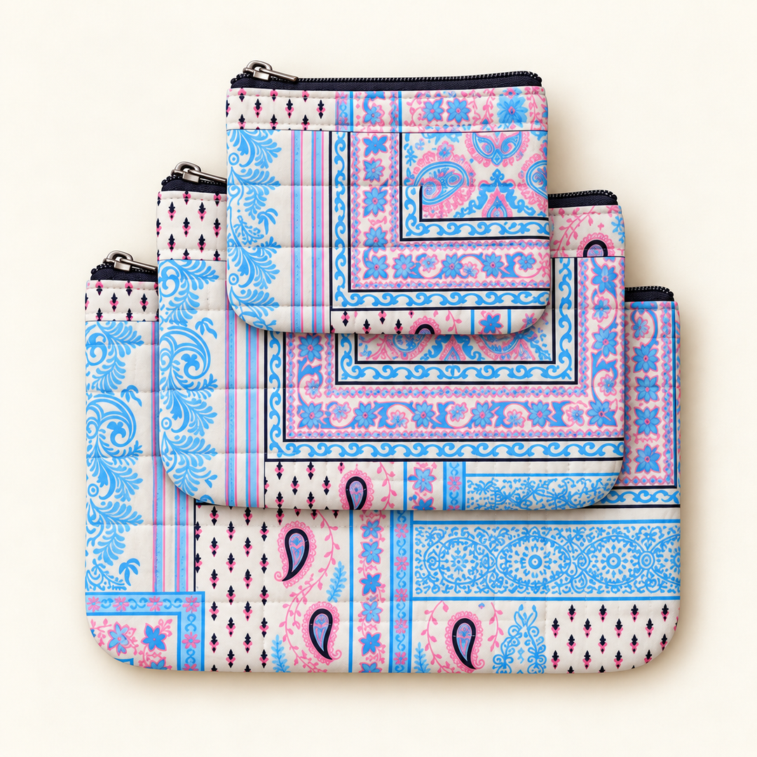 Pravaah Punh Quilted Cotton Flat Pouch Set of 3, Multipurpose Organisers