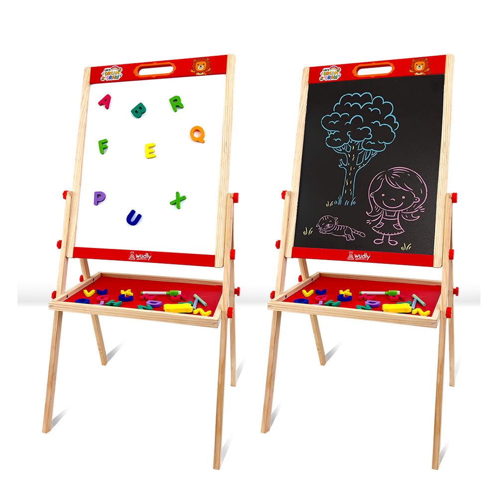 Wudly Toys Wooden Drawing Easel | Double-Sided Chalkboard & Magnetic Whiteboard