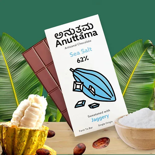 ANUTTAMA Sea Salt Dark Chocolate - 62% Cocoa - Vegan Chocolate Bar 50 gm