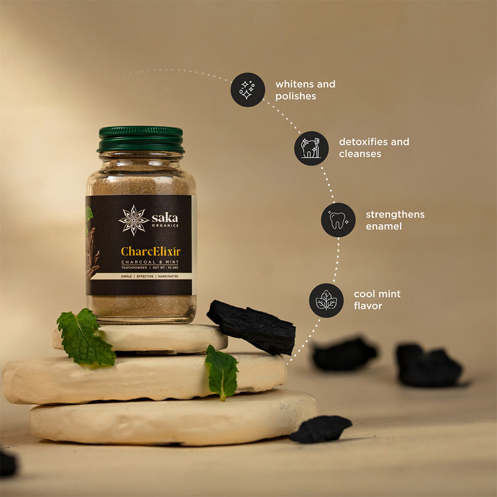 Saka Organics - CharcElixir | Handmade Charcoal and Mint Toothpowder | Natural Oral Care (50gms)
