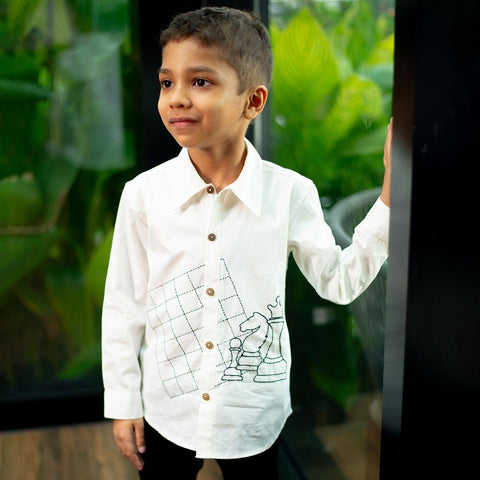 Chess Checkmate Embroidered Organic Cotton Shirt - White