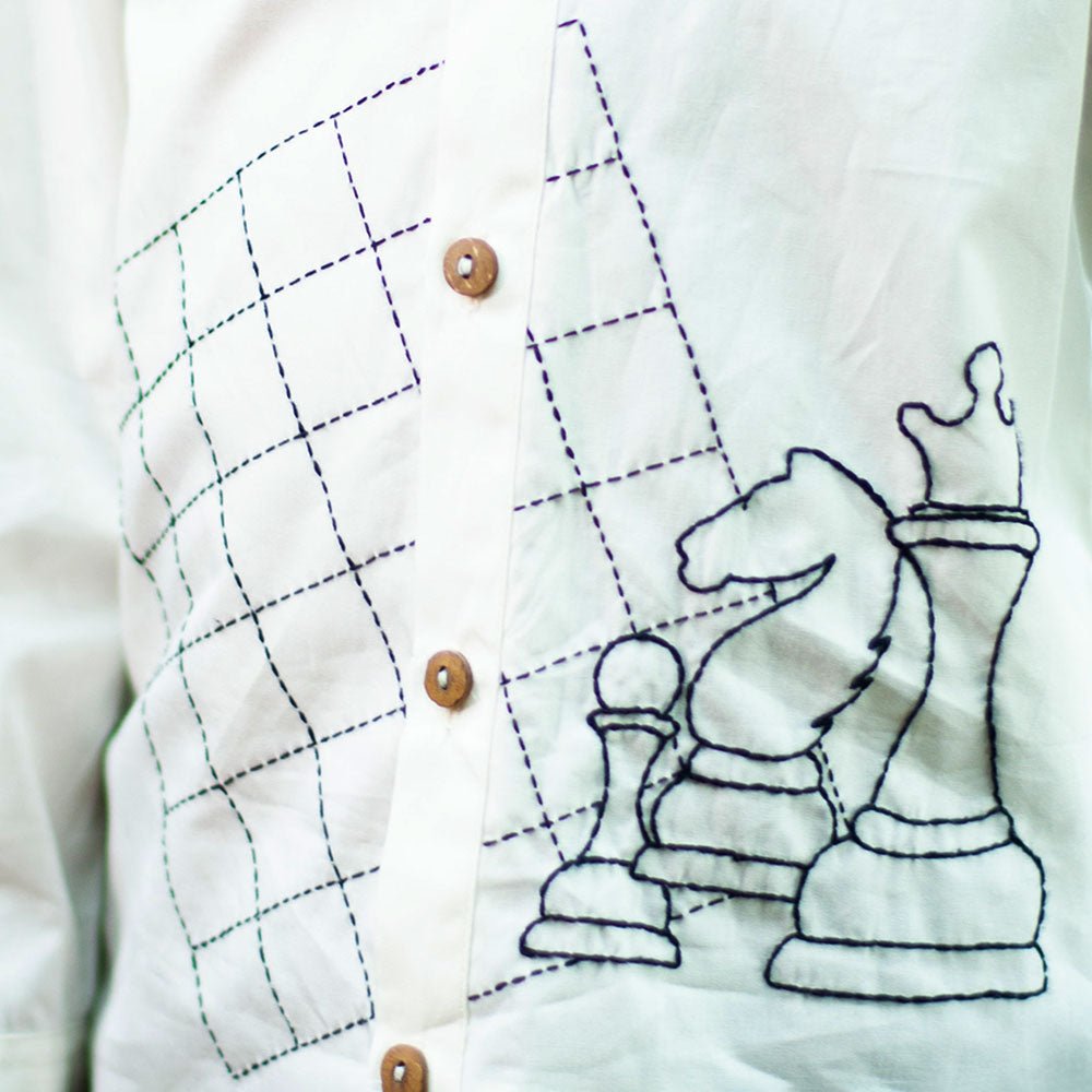 Chess Checkmate Embroidered Organic Cotton Shirt - White - Suspire