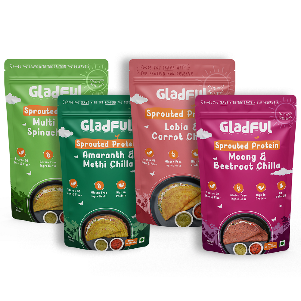Gladful Sprouted chilla beetroot spinach carrot methi - lentils and millets instant mix combo (4 packs) - 800 gms