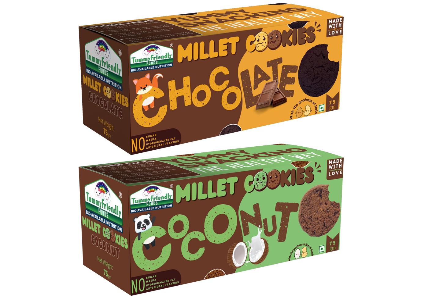 Tummy Friendly Foods Millet Cookies - Chocolate, Coconut - Pack of 2 - 75g each. Healthy Ragi Biscuits, snacks for Baby, Kids & Adults