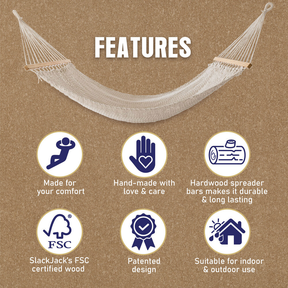 Slack Jack Closeweave Rope Hammock for 2 Person | Jhula for Adults & Kids with Hardwood Spreader Bars | Swing for Home Decor, Balcony, Patio, Garden | Includes Free Hanging Accessory (Natural)