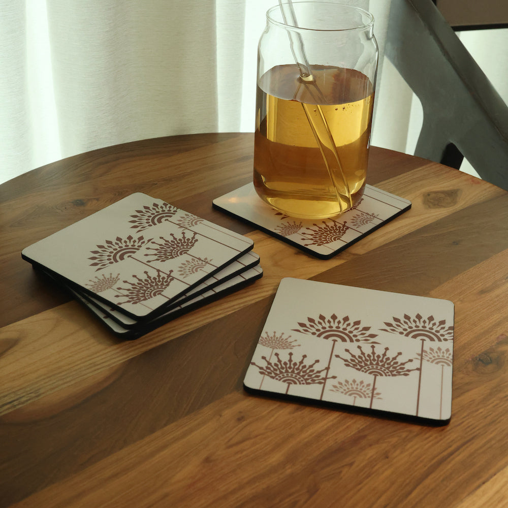 BambaiSe Peach Cotton Wooden Coaster | Set of 6 | Laminated Wood