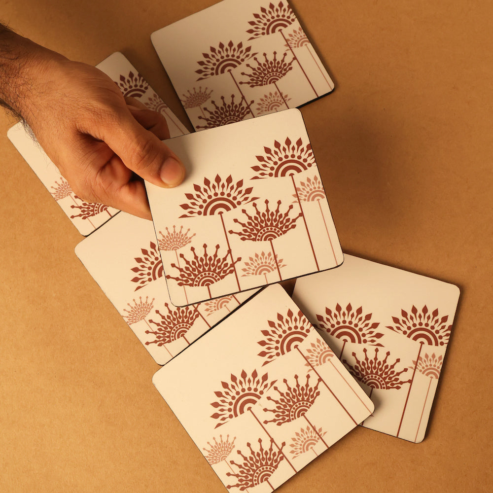 BambaiSe Peach Cotton Wooden Coaster | Set of 6 | Laminated Wood