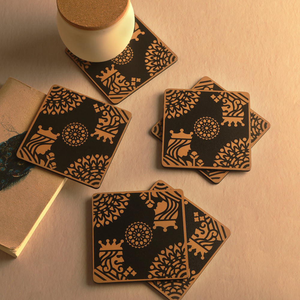 BambaiSe Gold King Queen Coaster | Set of 6 | Wood