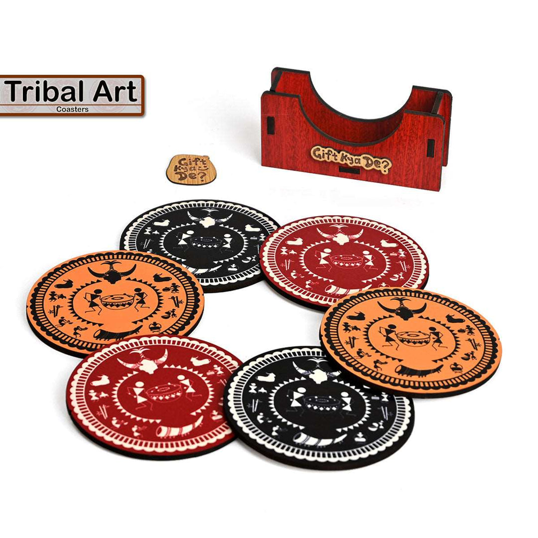 Gift Kya De Coaster Set of 6 Beautiful Wooden Coasters with Stand | Fit for Tea Cups, Coffee Mugs and Glasses