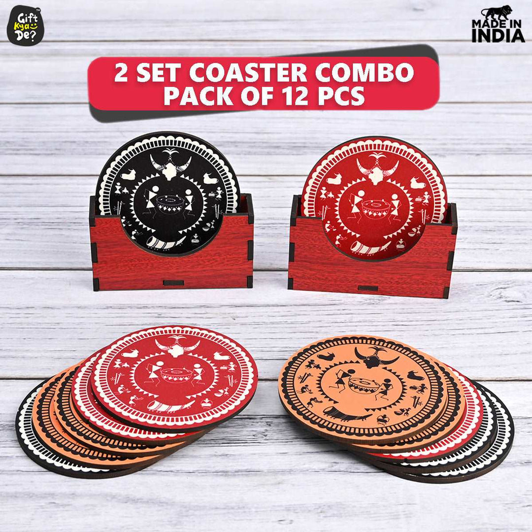 Gift Kya De Coaster Set of 12 Beautiful Wooden Coasters with Proper Coaster Stand (Combo Pack) (12 pc 9 x 9 cm)