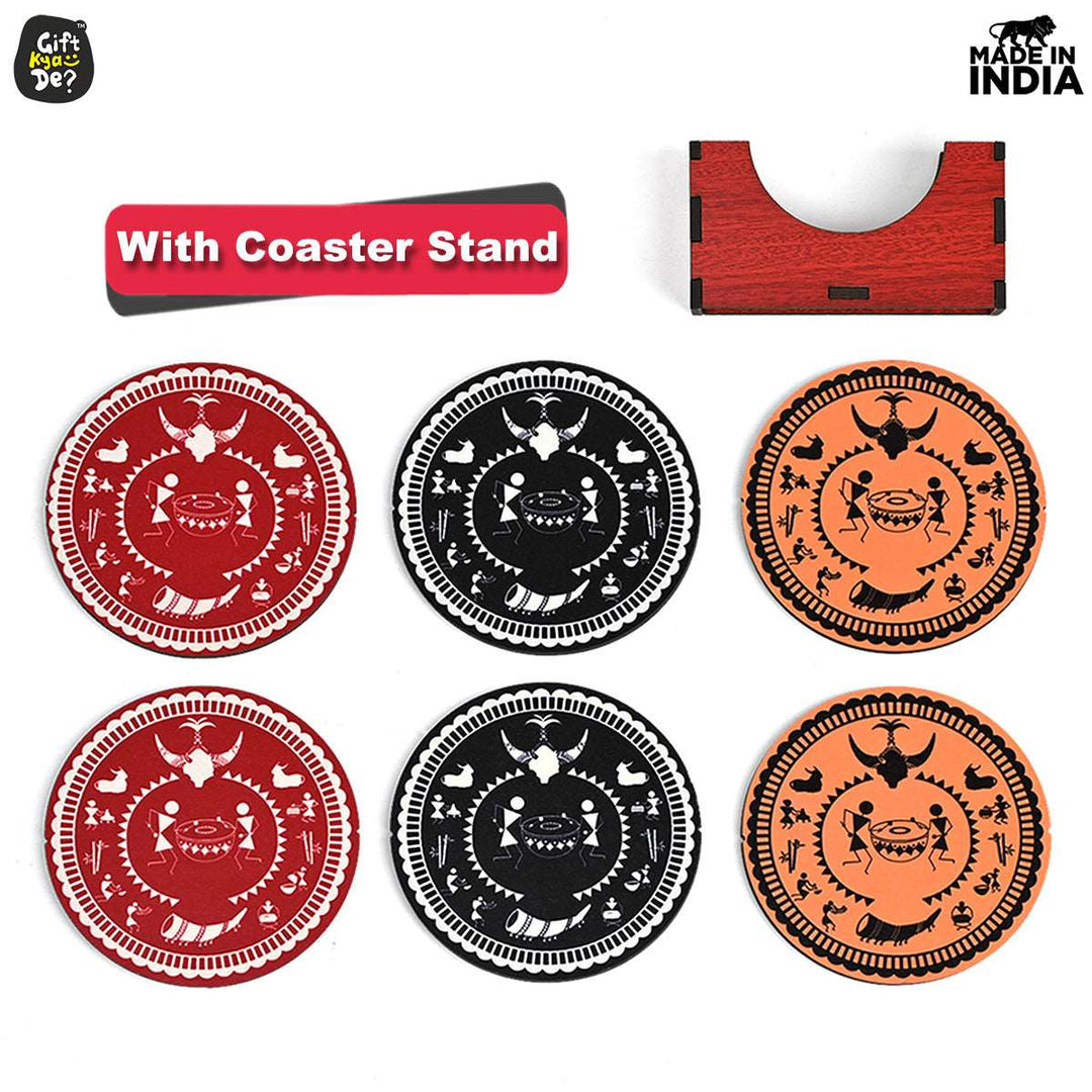 Gift Kya De Coaster Set of 6 Beautiful Wooden Coasters with Stand | Fit for Tea Cups, Coffee Mugs and Glasses