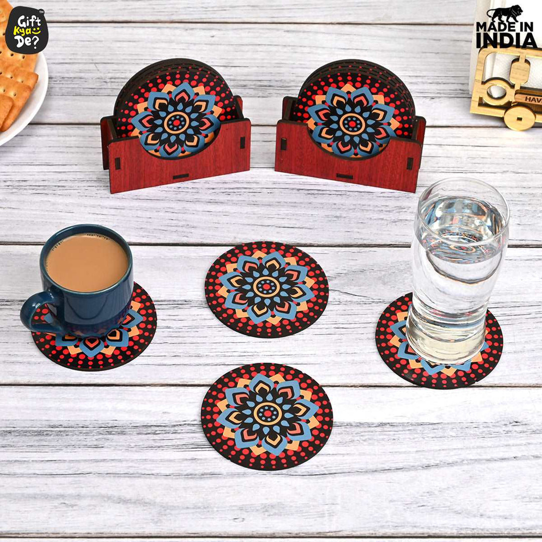 Gift Kya De Coaster Set of 12 Beautiful Wooden Coasters with Proper Coaster Stand (Combo Pack) (12 pc 9 x 9 cm)