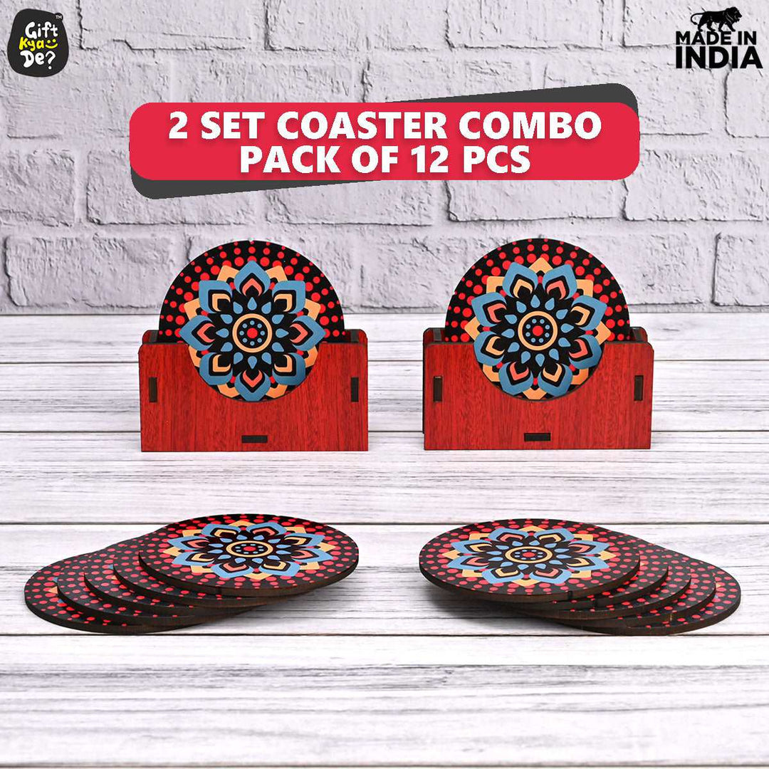 Gift Kya De Coaster Set of 12 Beautiful Wooden Coasters with Proper Coaster Stand (Combo Pack) (12 pc 9 x 9 cm)