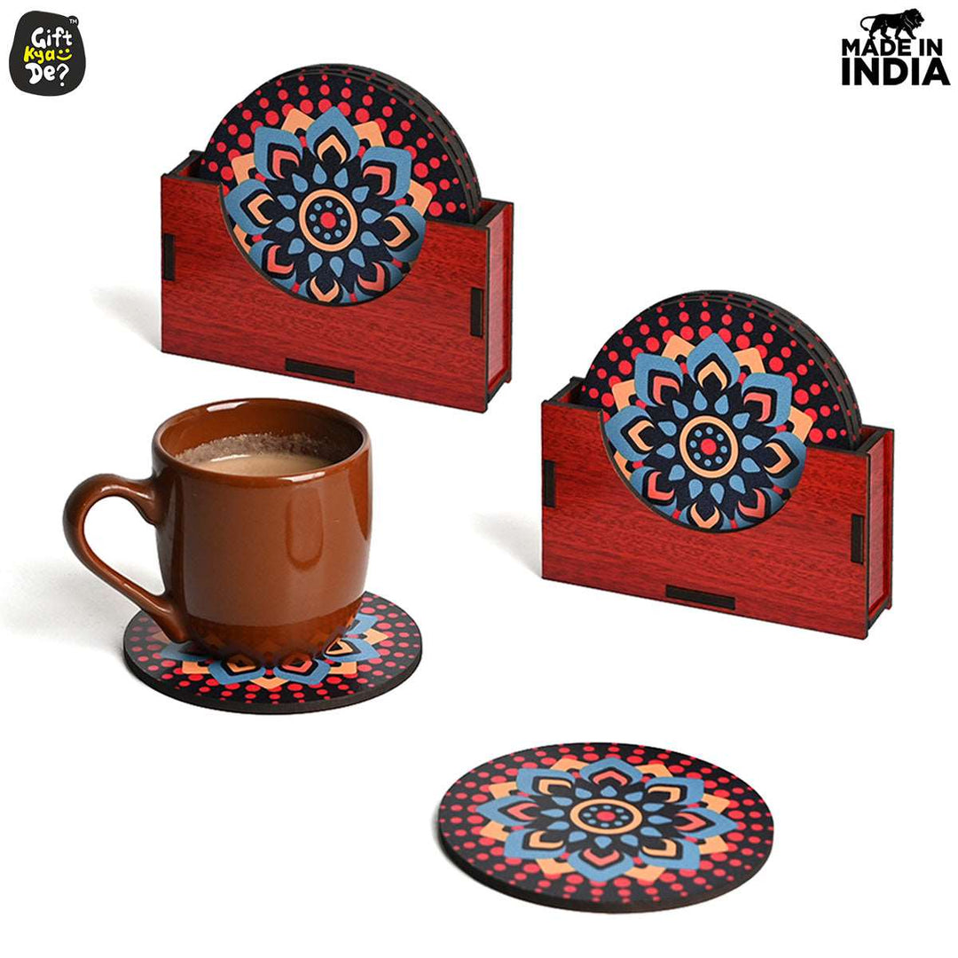 Gift Kya De Coaster Set of 12 Beautiful Wooden Coasters with Proper Coaster Stand (Combo Pack) (12 pc 9 x 9 cm)
