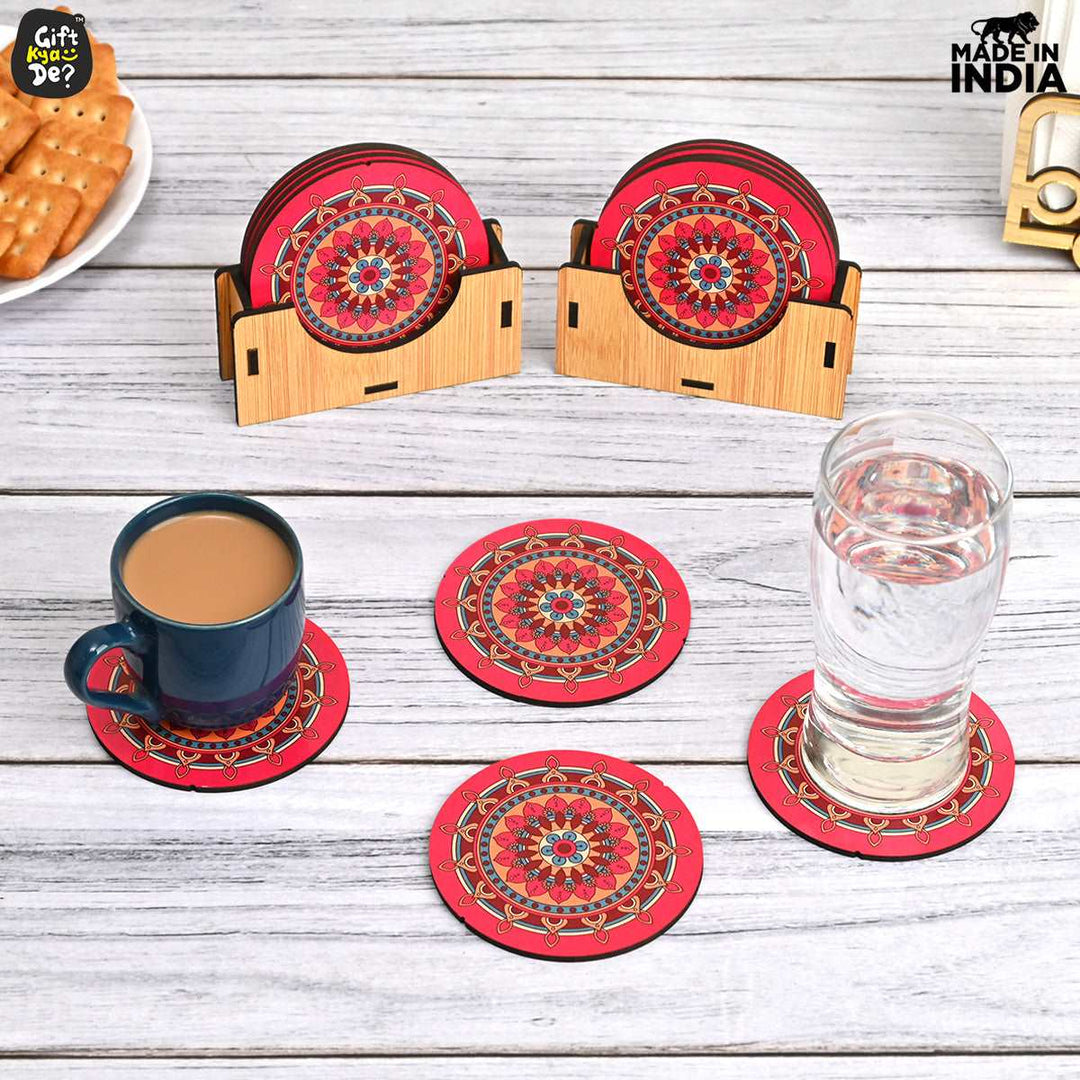 Gift Kya De Coaster Set of 12 Beautiful Wooden Coasters with Proper Coaster Stand (Combo Pack) (12 pc 9 x 9 cm)