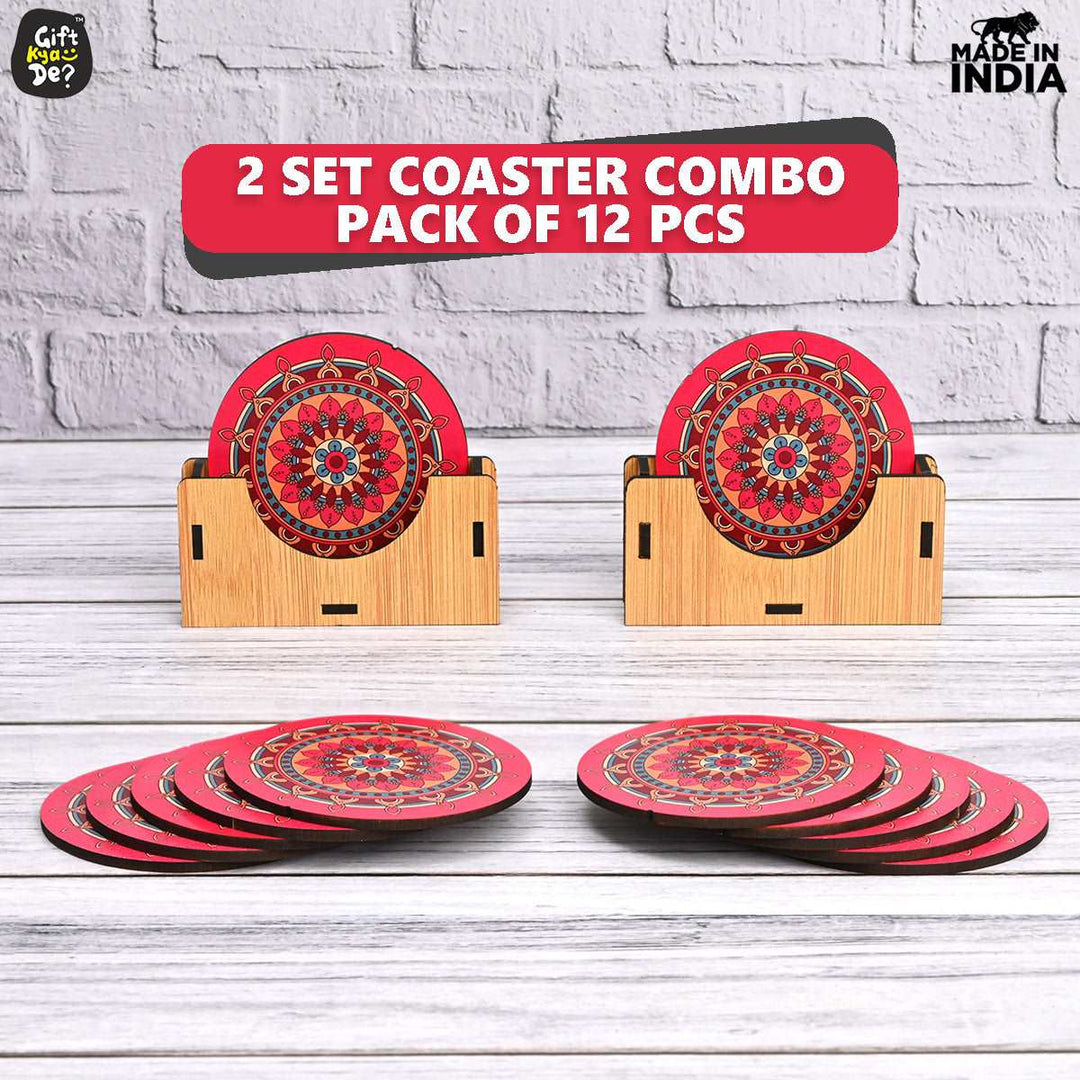 Gift Kya De Coaster Set of 12 Beautiful Wooden Coasters with Proper Coaster Stand (Combo Pack) (12 pc 9 x 9 cm)