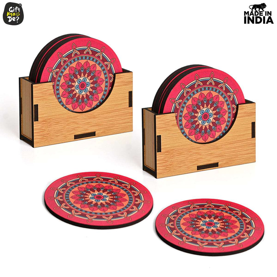 Gift Kya De Coaster Set of 12 Beautiful Wooden Coasters with Proper Coaster Stand (Combo Pack) (12 pc 9 x 9 cm)
