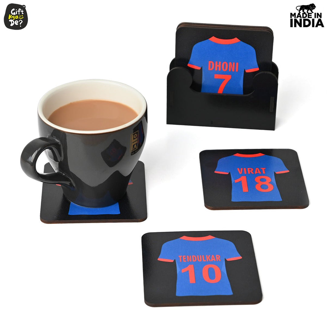 Gift Kya De Cricket Themed Coaster Set of 6 with Proper Coaster Stand | Perfect For Tea And Coffee Cups