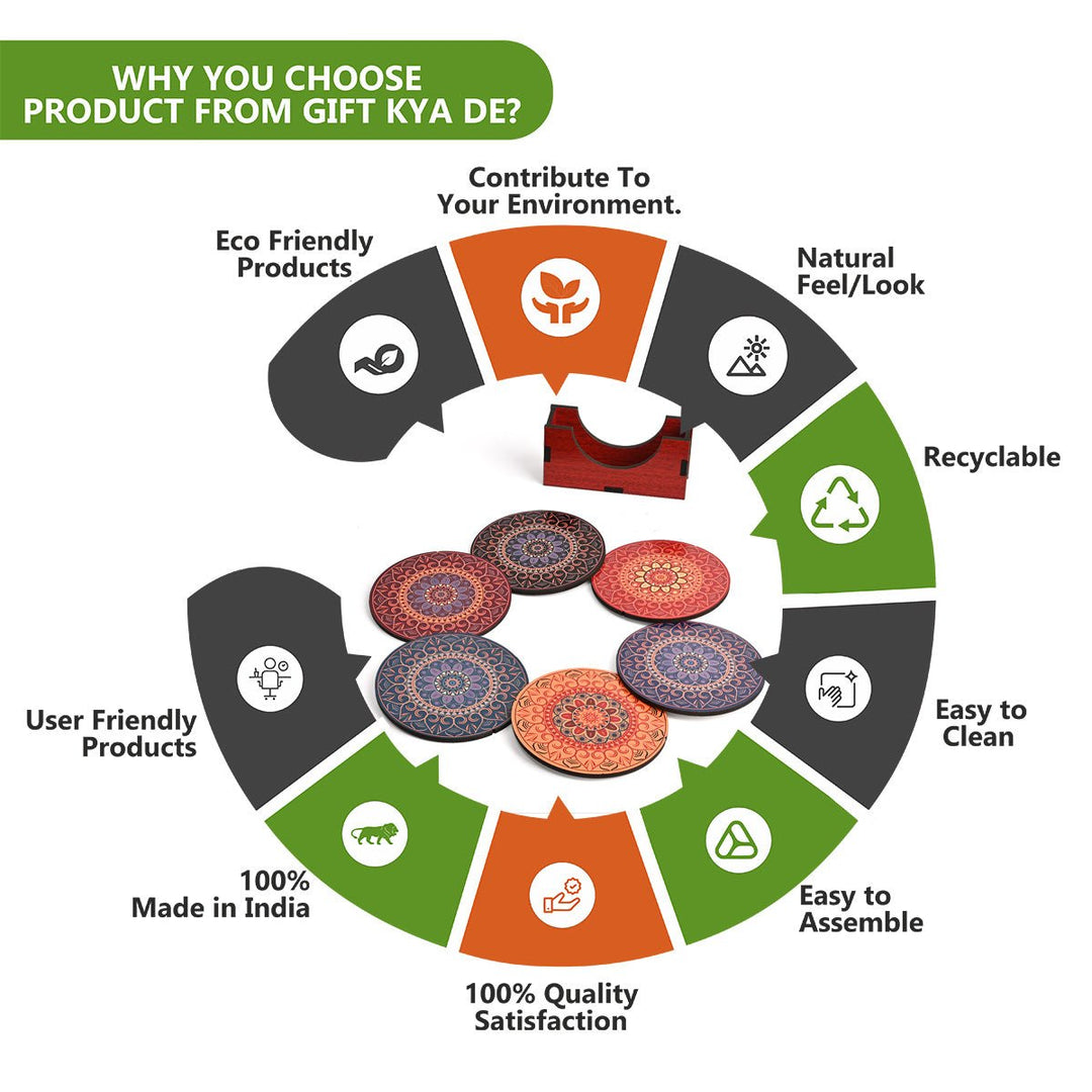 Gift Kya De Coaster Set of 6 Beautiful Wooden Coasters with Stand | Fit for Tea Cups, Coffee Mugs and Glasses