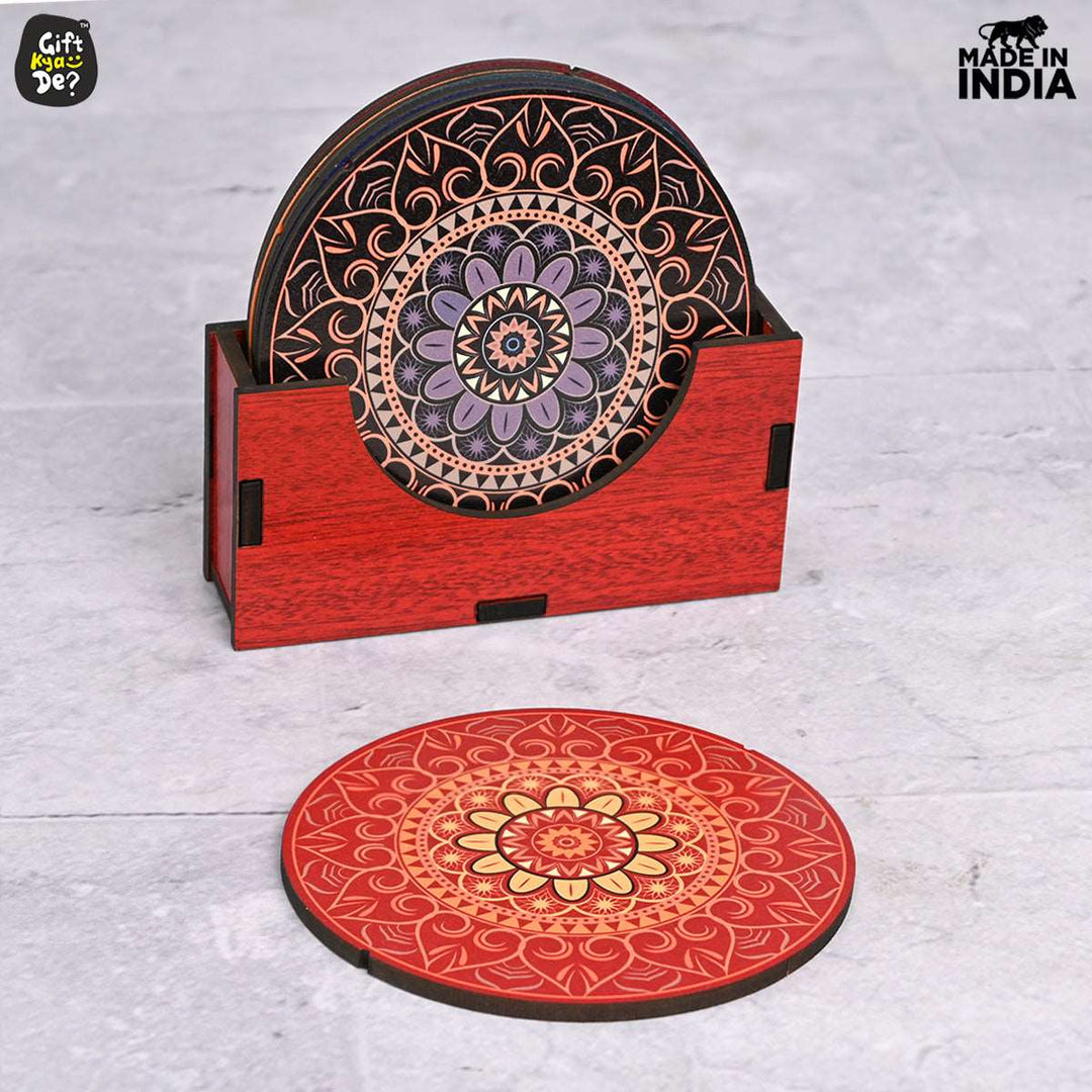 Gift Kya De Coaster Set of 6 Beautiful Wooden Coasters with Stand | Fit for Tea Cups, Coffee Mugs and Glasses
