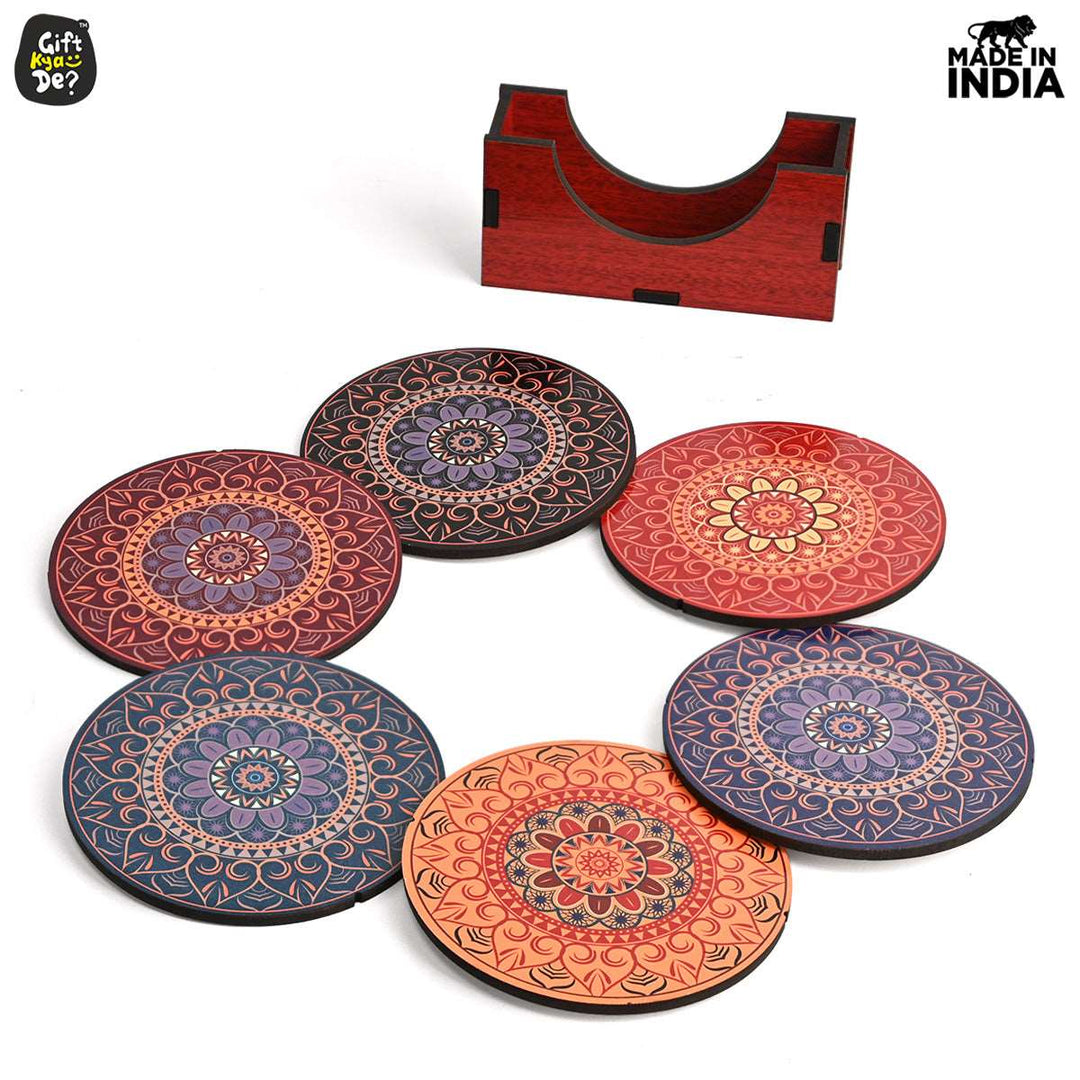 Gift Kya De Coaster Set of 6 Beautiful Wooden Coasters with Stand | Fit for Tea Cups, Coffee Mugs and Glasses
