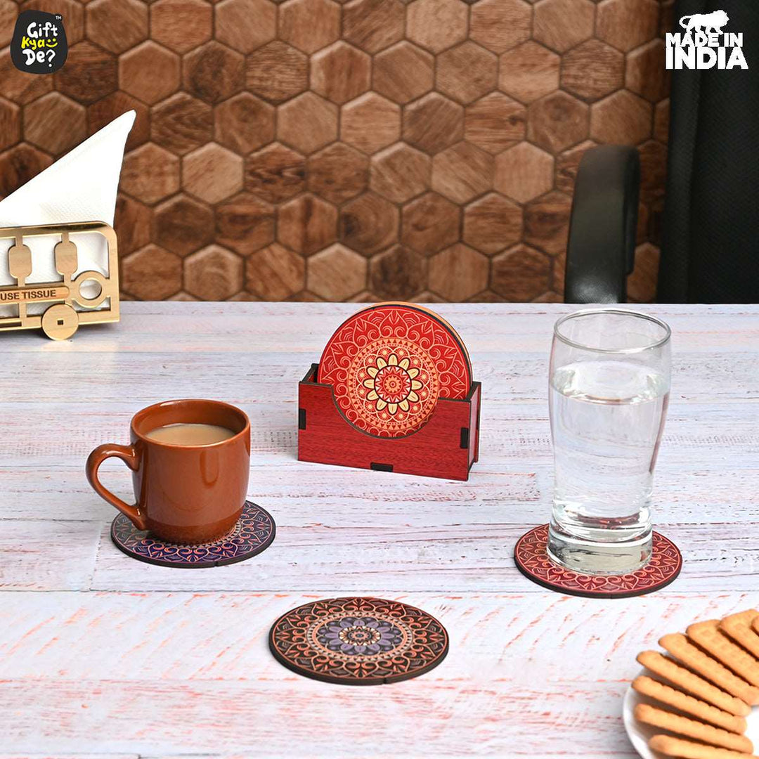 Gift Kya De Coaster Set of 6 Beautiful Wooden Coasters with Stand | Fit for Tea Cups, Coffee Mugs and Glasses