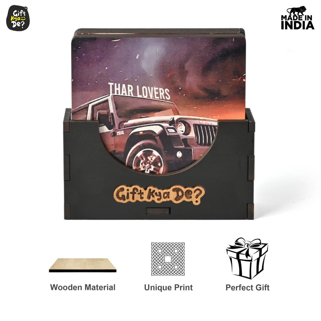 Gift Kya De Coaster Set of 6 Bullet Bike & Thar Car Lover | Gifts with Proper Coaster Stand | Set fit for Tea Cups, Coffee Mugs and Glasses (Square 10 x 10 cm)