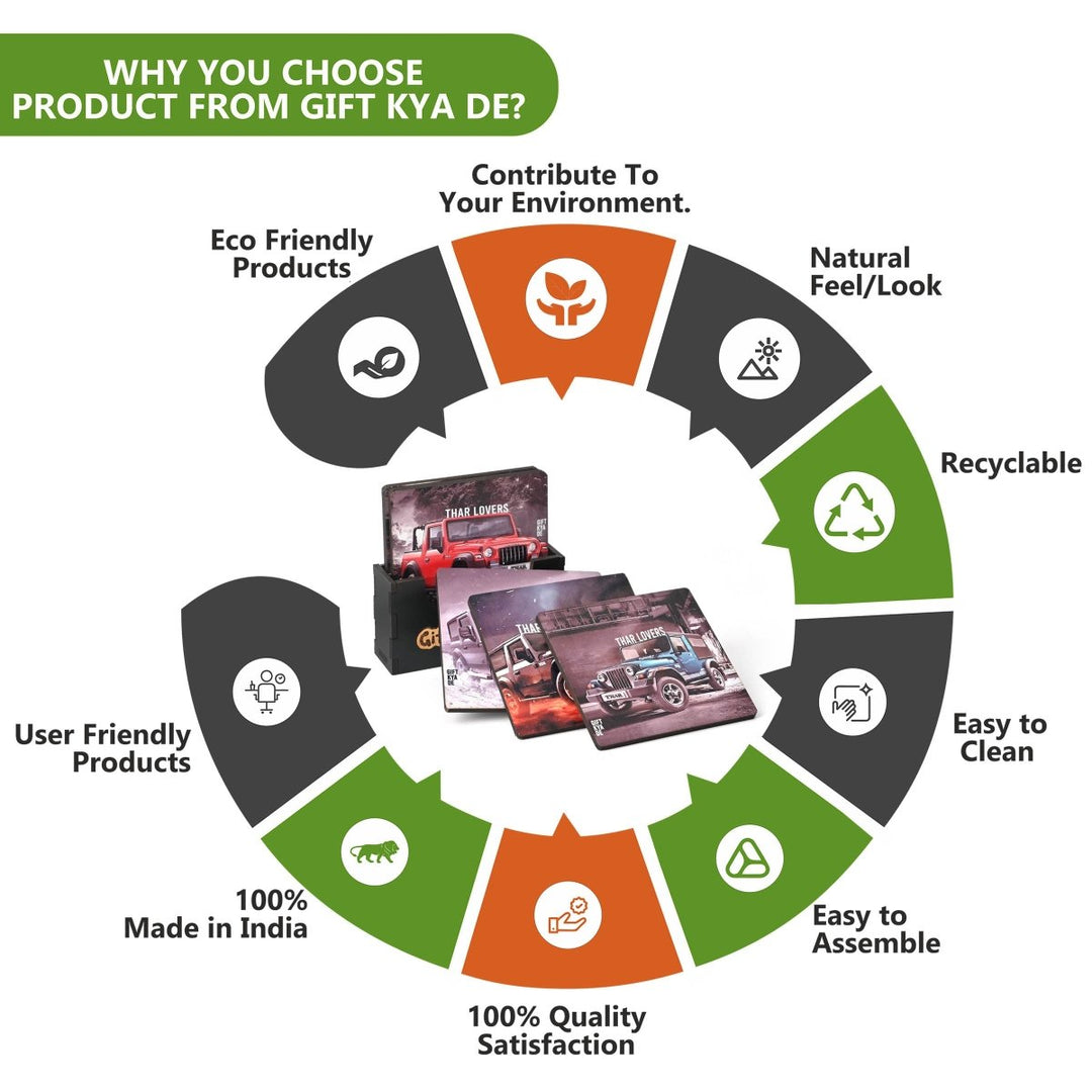 Gift Kya De Coaster Set of 6 Bullet Bike & Thar Car Lover | Gifts with Proper Coaster Stand | Set fit for Tea Cups, Coffee Mugs and Glasses (Square 10 x 10 cm)