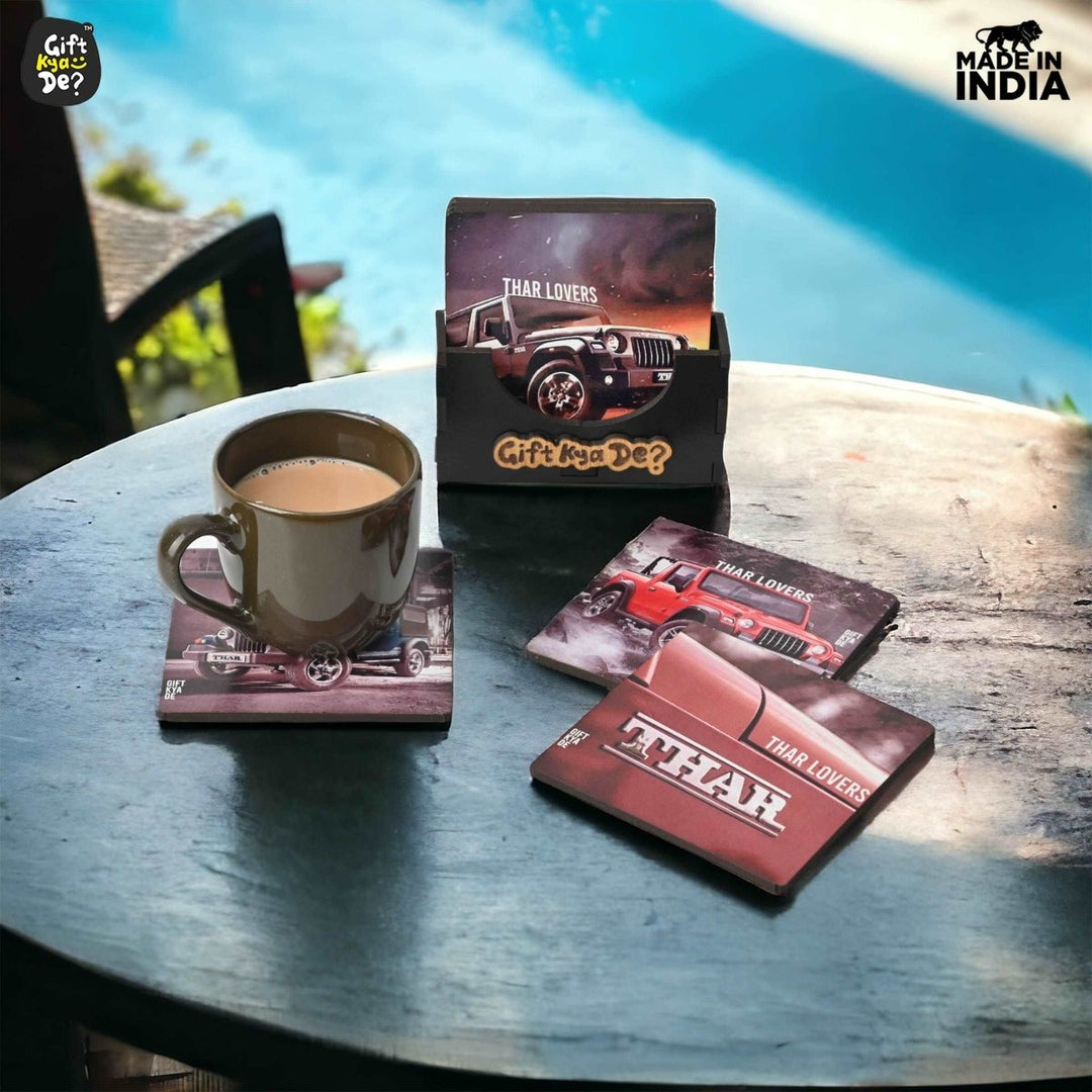 Gift Kya De Coaster Set of 6 Bullet Bike & Thar Car Lover | Gifts with Proper Coaster Stand | Set fit for Tea Cups, Coffee Mugs and Glasses (Square 10 x 10 cm)