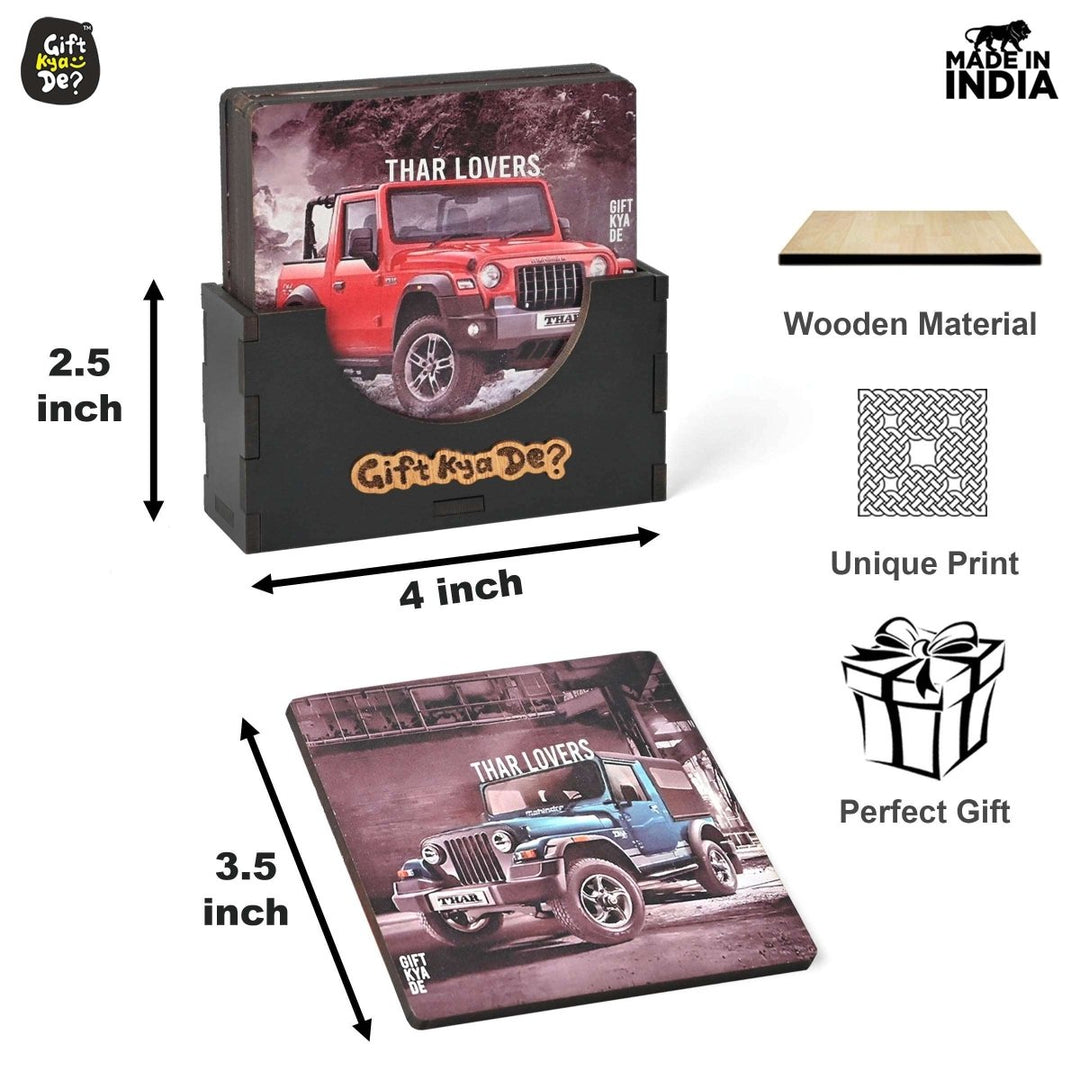 Gift Kya De Coaster Set of 6 Bullet Bike & Thar Car Lover | Gifts with Proper Coaster Stand | Set fit for Tea Cups, Coffee Mugs and Glasses (Square 10 x 10 cm)