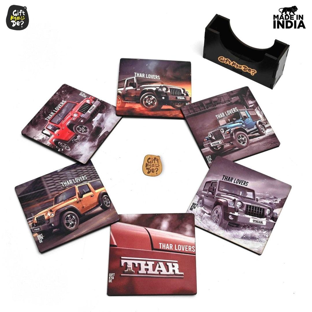 Gift Kya De Coaster Set of 6 Bullet Bike & Thar Car Lover | Gifts with Proper Coaster Stand | Set fit for Tea Cups, Coffee Mugs and Glasses (Square 10 x 10 cm)