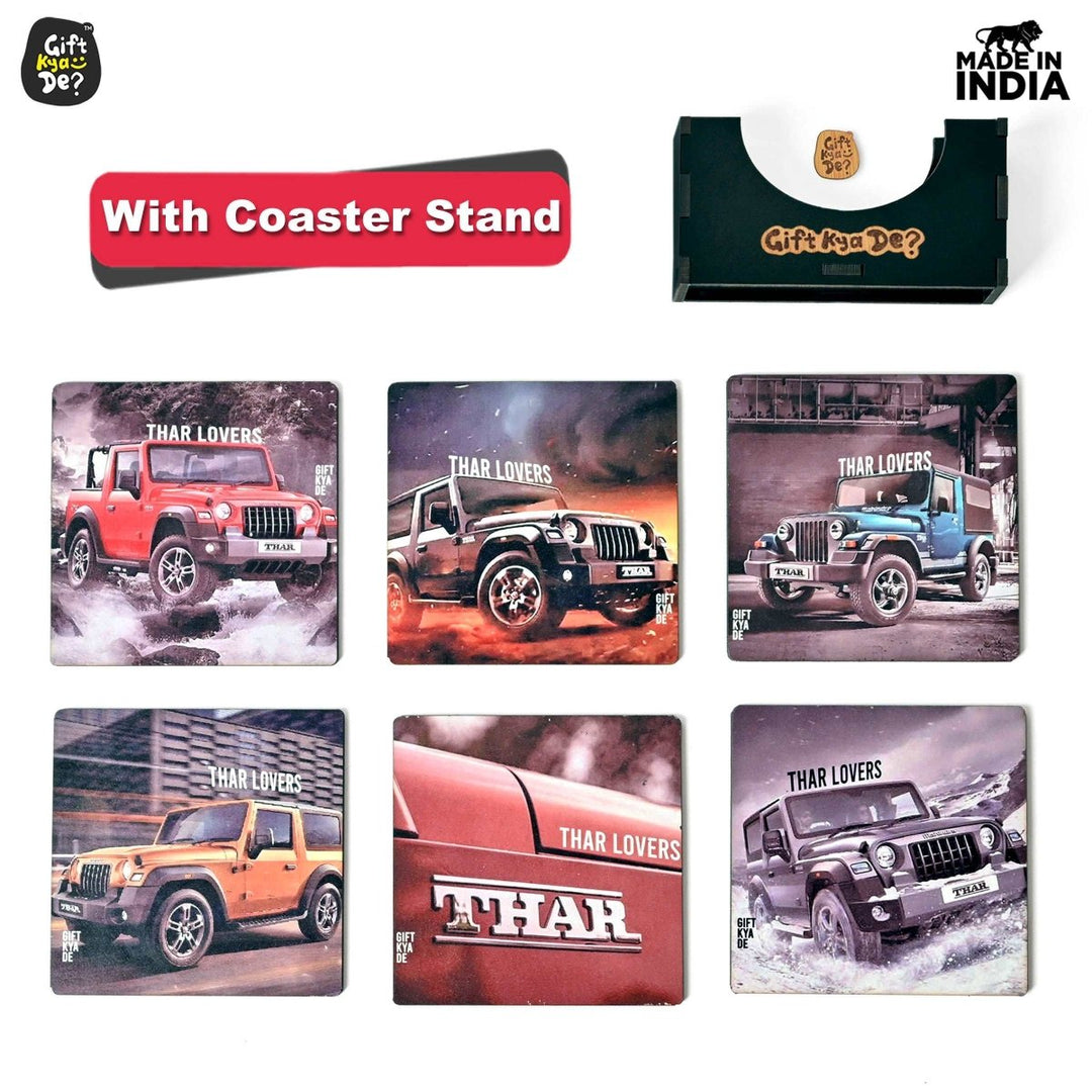 Gift Kya De Coaster Set of 6 Bullet Bike & Thar Car Lover | Gifts with Proper Coaster Stand | Set fit for Tea Cups, Coffee Mugs and Glasses (Square 10 x 10 cm)