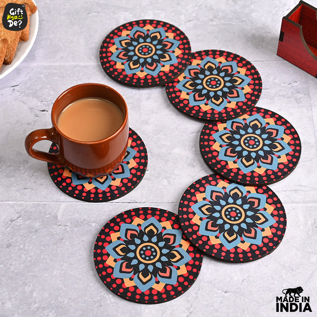 Gift Kya De Coaster Set of 6 Beautiful Wooden Coasters with Stand | Fit for Tea Cups, Coffee Mugs and Glasses