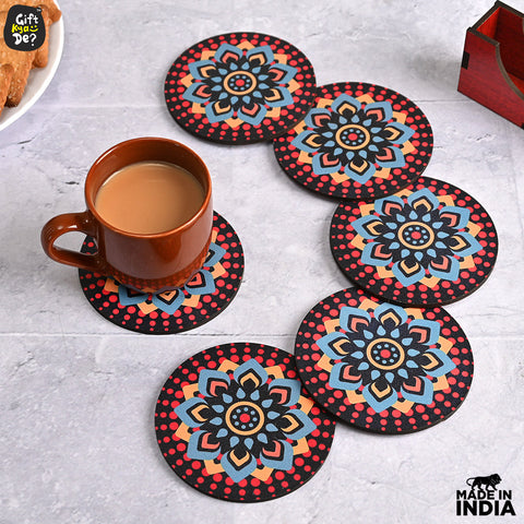 Gift Kya De Coaster Set of 6 Beautiful Wooden Coasters with Stand | Fit for Tea Cups, Coffee Mugs and Glasses
